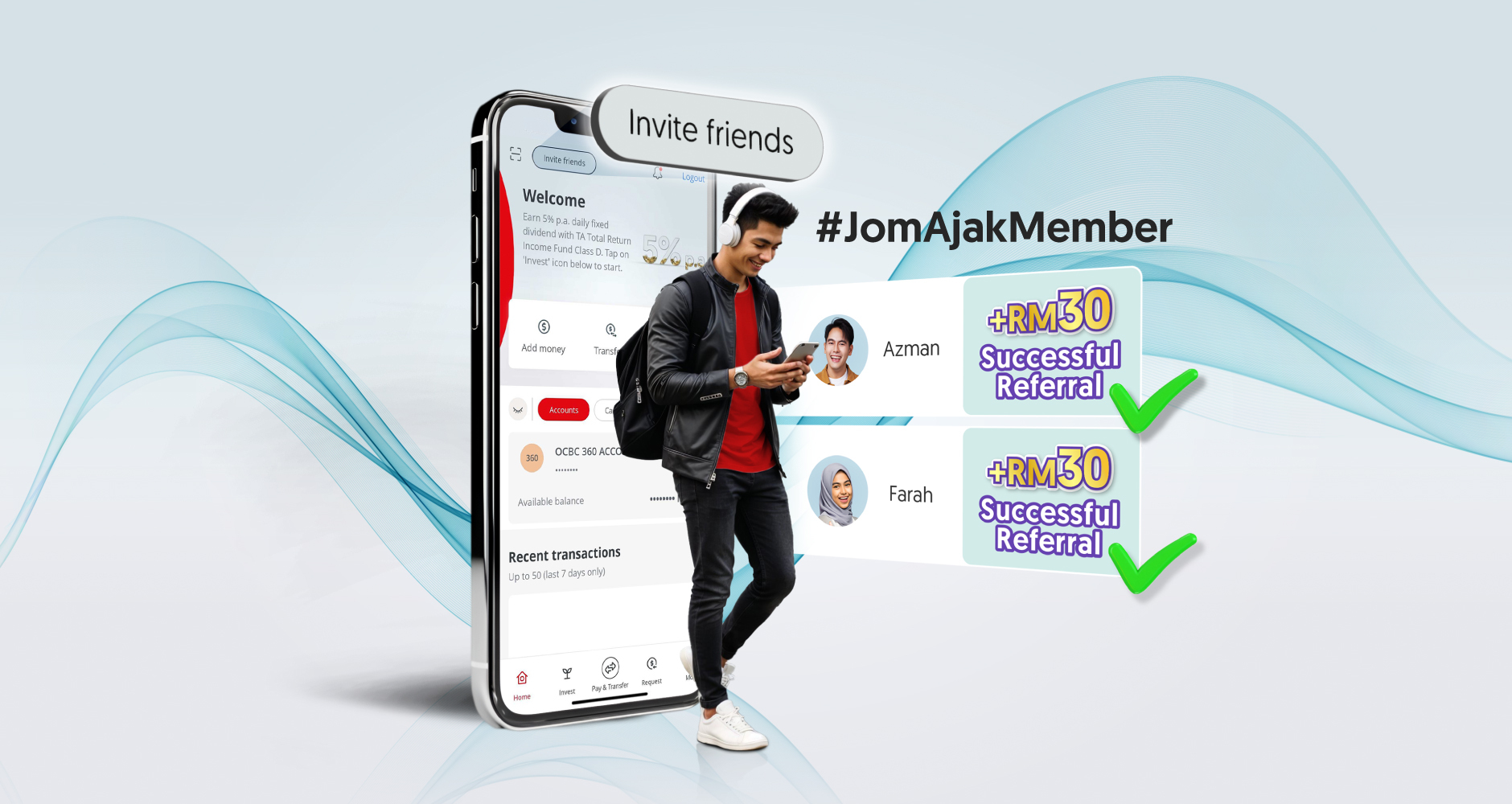 Invite your friends and family to open an OCBC 360 Account/-i via the OCBC Malaysia Mobile Banking App using your unique referral code